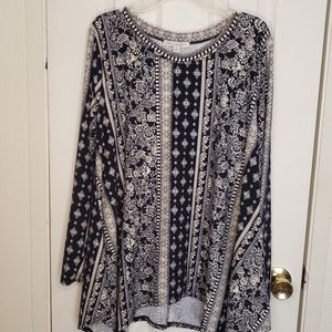 Green Envelope Blue and White Print Blouse 1X